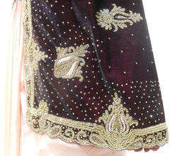 Wine & Pink Designer Wedding Partywear Velvet & Satin Silk Hand Embroidery Stone Thread Bullion Cutdana Work Kolkata Heavy Border Saree Sari E186