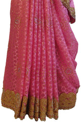 Pink Designer PartyWear Brasso Thread Zari Stone Hand Embroidery Work Saree Sari E187
