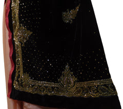 Wine & Pink Designer Wedding Partywear Velvet & Satin Silk Hand Embroidery Stone Thread Bullion Cutdana Work Kolkata Heavy Border Saree Sari E188