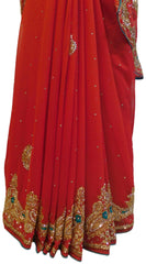 Red Designer Wedding Partywear Georgette Hand Embroidery Cutdana Stone Thread Work Kolkata Saree Sari E193