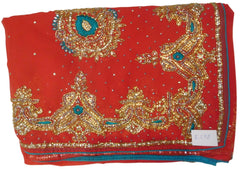 Red Designer Wedding Partywear Georgette Hand Embroidery Cutdana Stone Thread Work Kolkata Saree Sari E193