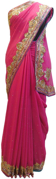 Pink Designer Wedding Partywear Georgette Hand Embroidery Cutdana Stone Thread Work Kolkata Saree Sari E194
