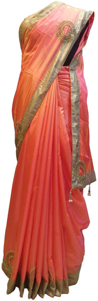 Pink Designer Wedding Partywear Sana Silk Hand Embroidery Cutdana Pearl Beads Work Kolkata Heavy Cutwork Border Saree Sari E197