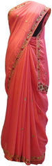 Pink Designer Wedding Partywear Crepe (Chinon) Hand Embroidery Thread Beads Cutdana Sequence Stone Work Kolkata Saree Sari E198
