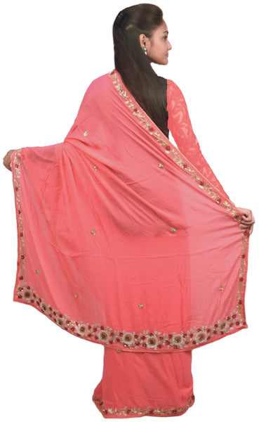 Pink Designer Wedding Partywear Crepe (Chinon) Hand Embroidery Thread Beads Cutdana Sequence Stone Work Kolkata Saree Sari E198