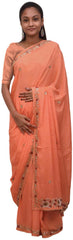 Peach Designer Wedding Partywear Crepe (Chinon) Hand Embroidery Thread Beads Cutdana Sequence Stone Work Kolkata Saree Sari E199