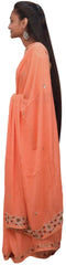 Peach Designer Wedding Partywear Crepe (Chinon) Hand Embroidery Thread Beads Cutdana Sequence Stone Work Kolkata Saree Sari E199