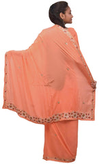 Peach Designer Wedding Partywear Crepe (Chinon) Hand Embroidery Thread Beads Cutdana Sequence Stone Work Kolkata Saree Sari E199
