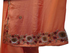 Peach Designer Wedding Partywear Crepe (Chinon) Hand Embroidery Thread Beads Cutdana Sequence Stone Work Kolkata Saree Sari E199