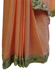 Peach Designer Wedding Partywear Ethnic Bridal Crepe (Chinon) Hand Embroidery Sequence Thread Bullion Cutdana Work Kolkata Women Saree Sari With Ready To Wear E202