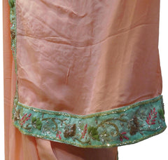 Peach Designer Wedding Partywear Ethnic Bridal Crepe (Chinon) Hand Embroidery Sequence Thread Bullion Cutdana Work Kolkata Women Saree Sari With Ready To Wear E202