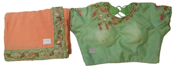 Peach Designer Wedding Partywear Ethnic Bridal Crepe (Chinon) Hand Embroidery Sequence Thread Bullion Cutdana Work Kolkata Women Saree Sari With Ready To Wear E202