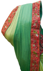 Green Designer Wedding Partywear Ethnic Bridal Crepe (Chinon) Hand Embroidery Sequence Thread Bullion Cutdana Work Kolkata Women Saree Sari E203