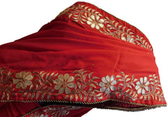 Red Designer Wedding Partywear Bridal Crepe (Chinon) Ethnic Hand Embroidery Zari Gota Pearl Stone Work Kolkata Women Saree Sari E208
