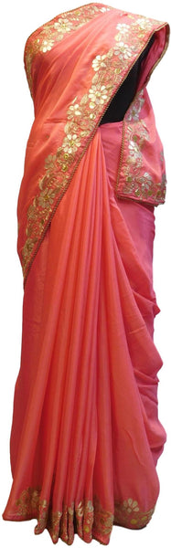 Pink Designer Wedding Partywear Bridal Crepe (Chinon) Ethnic Hand Embroidery Zari Gota Pearl Stone Work Kolkata Women Saree Sari E209