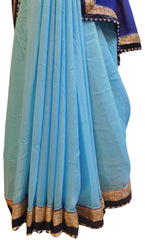 Blue & Sky Blue Designer Wedding Partywear Bridal Crepe (Chinon) Ethnic Hand Embroidery Pearl Bullion Work Kolkata Women Saree Sari E210