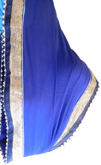 Blue & Sky Blue Designer Wedding Partywear Bridal Crepe (Chinon) Ethnic Hand Embroidery Pearl Bullion Work Kolkata Women Saree Sari E210