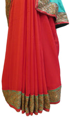 Turquoise & Red Designer Wedding Partywear Crepe (Chinon) Hand Embroidery Sequence Zari Cutdana Stone Work Kolkata Saree Sari E211