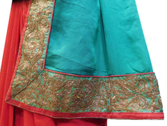 Turquoise & Red Designer Wedding Partywear Crepe (Chinon) Hand Embroidery Sequence Zari Cutdana Stone Work Kolkata Saree Sari E211