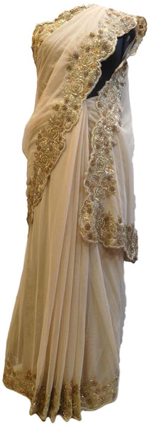 The Show Stopper Beige Designer Wedding Partywear Ethnic Bridal Net Sequence Beads Zari Cutdana Bullion Stone Hand Embroidery Work Kolkata Women Saree Sari E216