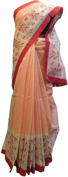 Peach & Cream Designer PartyWear Pure Supernet (Cotton) Thread Work Saree Sari With Red Border E218