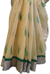 Beige Designer PartyWear Pure Supernet (Cotton) Thread Work Saree Sari With Grey Border E219