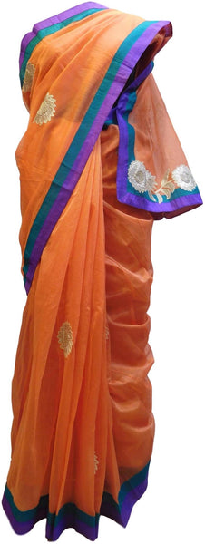 Orange Designer PartyWear Pure Supernet (Cotton) Thread Gota Work Saree Sari With Purple Seagreen Border E220