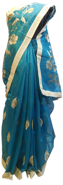 Turquoise Designer PartyWear Pure Supernet (Cotton) Thread Work Saree Sari With Golden Border E221