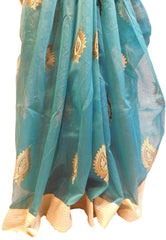 Turquoise Designer PartyWear Pure Supernet (Cotton) Thread Work Saree Sari With Golden Border E221