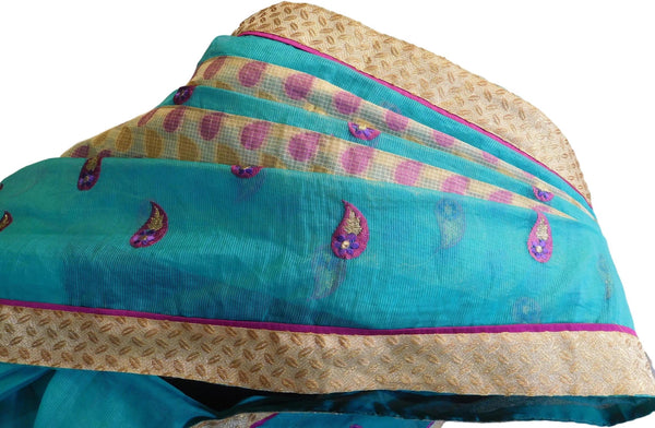 Turquoise Designer PartyWear Pure Supernet (Cotton) Thread Work Saree Sari With Golden Border E222