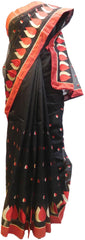 Black Designer PartyWear Pure Supernet (Cotton) Thread Work Saree Sari With Red Border E223