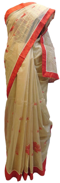 Beige Designer PartyWear Pure Supernet (Cotton) Thread Work Saree Sari With Red Border E225