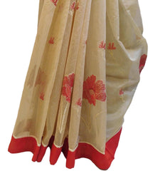 Beige Designer PartyWear Pure Supernet (Cotton) Thread Work Saree Sari With Red Border E225