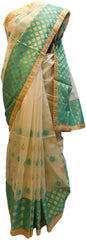 Beige & Turquoise Designer PartyWear Pure Supernet (Cotton) Thread Work Saree Sari E226
