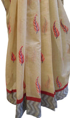 Beige Designer PartyWear Pure Supernet (Cotton) Thread Work Saree Sari With Grey Border E228