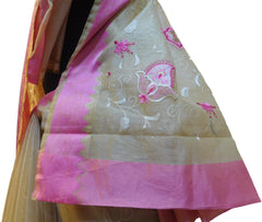 Beige Designer PartyWear Pure Supernet (Cotton) Thread Work Saree Sari With Pink Border E229