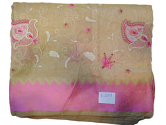 Beige Designer PartyWear Pure Supernet (Cotton) Thread Work Saree Sari With Pink Border E229