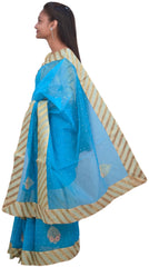 Blue Designer PartyWear Pure Supernet (Cotton) Thread Pearl Stone Work Saree Sari With Golden Border E230