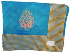 Blue Designer PartyWear Pure Supernet (Cotton) Thread Pearl Stone Work Saree Sari With Golden Border E230
