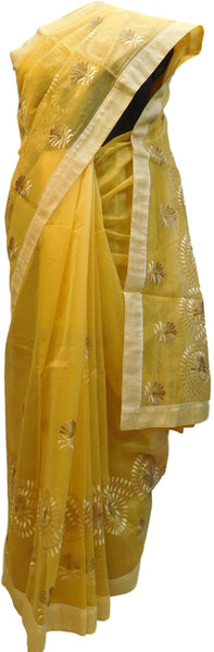 Yellow Designer PartyWear Pure Supernet (Cotton) Thread Work Saree Sari E232
