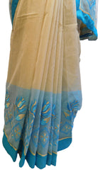 Beige & Blue Designer PartyWear Pure Supernet (Cotton) Thread Work Saree Sari E233