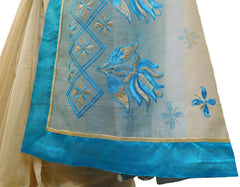 Beige & Blue Designer PartyWear Pure Supernet (Cotton) Thread Work Saree Sari E233