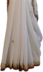 White Designer Wedding Partywear Georgette Hand Embroidery Zari Bullion Stone Thread Work Kolkata Heavy Cutwork Border Saree Sari E235