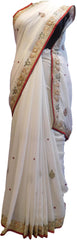 White Designer Wedding Partywear Georgette Hand Embroidery Zari Bullion Stone Thread Work Kolkata Heavy Cutwork Border Saree Sari E237