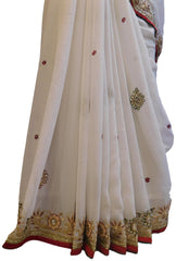 White Designer Wedding Partywear Georgette Hand Embroidery Zari Bullion Stone Thread Work Kolkata Heavy Cutwork Border Saree Sari E237