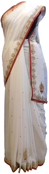 White Designer Wedding Partywear Georgette Hand Embroidery Zari Bullion Stone Thread Work Kolkata Heavy Cutwork Border Saree Sari E238