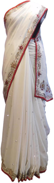 White Designer Wedding Partywear Georgette Hand Embroidery Zari Bullion Stone Thread Work Kolkata Heavy Cutwork Border Saree Sari E240