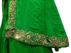 Green Designer Wedding Partywear Ethnic Bridal Crepe (Chinon) Hand Embroidery Cutdana Thread Bullion Stone Sequence Work Kolkata Women Peacock Border Saree Sari E242