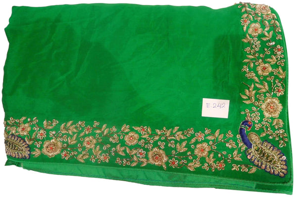 Green Designer Wedding Partywear Ethnic Bridal Crepe (Chinon) Hand Embroidery Cutdana Thread Bullion Stone Sequence Work Kolkata Women Peacock Border Saree Sari E242