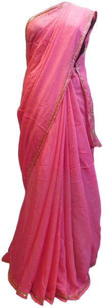 Pink Designer Wedding Partywear Ethnic Bridal Crepe (Chinon) Hand Embroidery Thread Sequence Zari Cutdana Stone Work Kolkata Women Saree Sari E243